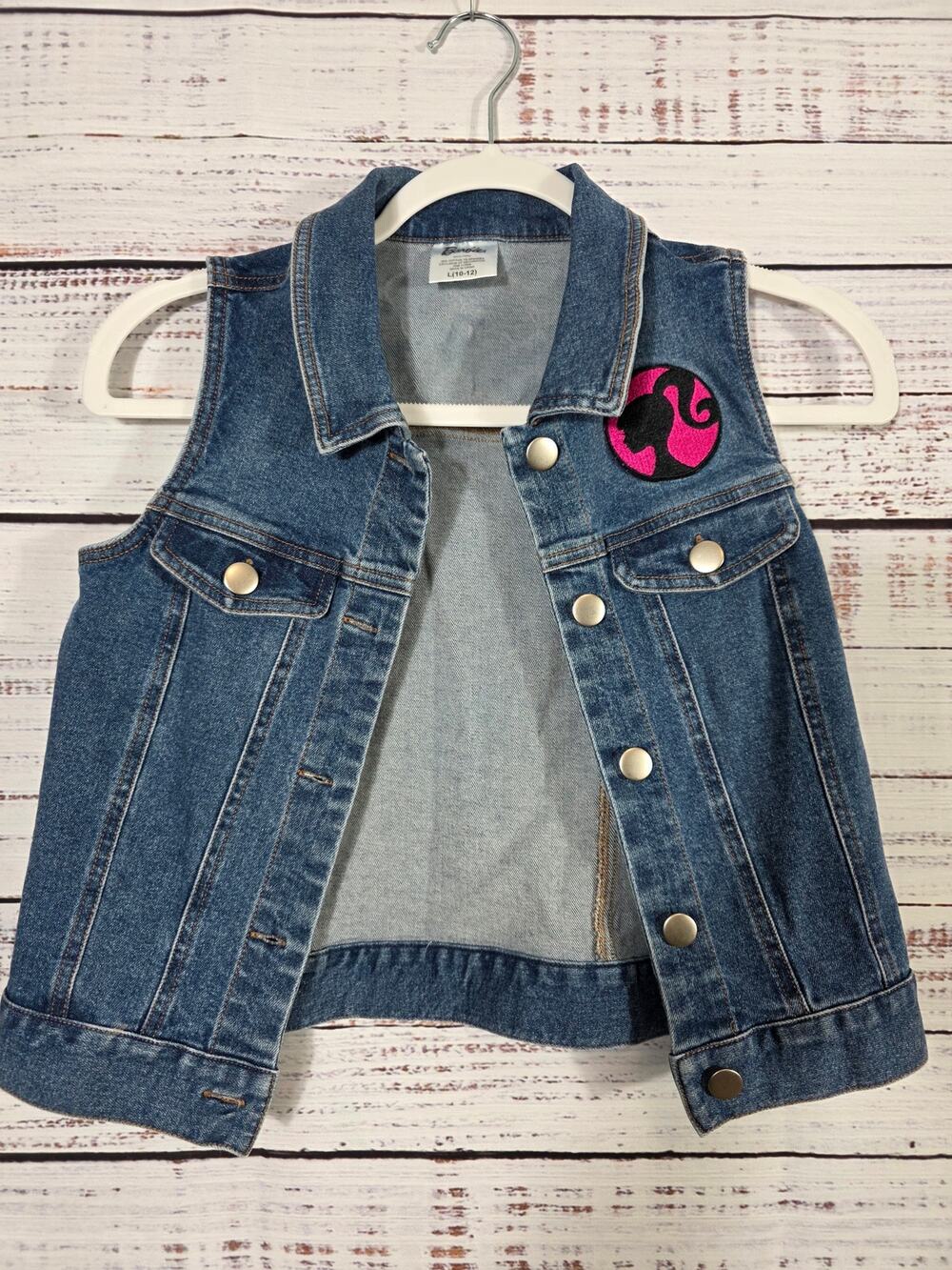 Barbie Blue Denim Vest Sleeveless Y2K Logo Patch Retro Size Large 10-12 Girls